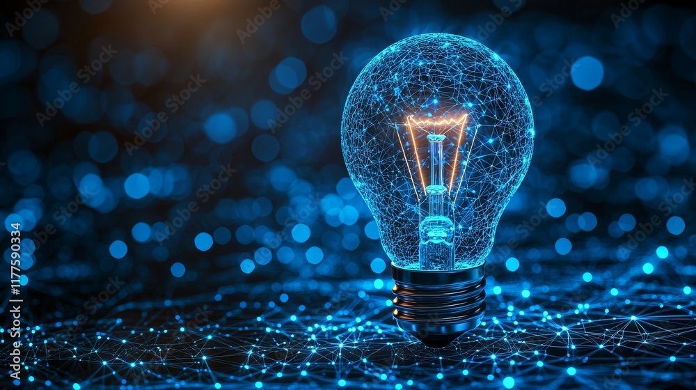 Aufkleber concept featuring a polygonal light bulb on a blockchain technology network with an hud background. 