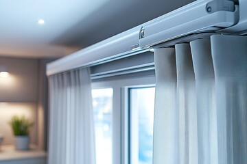 Modern motorized curtain system installed above a window, offering sleek, automated window treatments for any room.