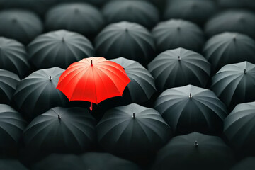 A Single Red Umbrella - A vibrant red umbrella stands out amongst a sea of black umbrellas, symbolizing individuality, uniqueness, courage, defiance, and standing out from the crowd.