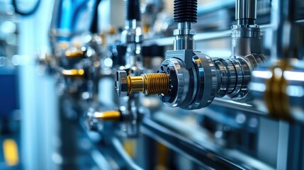 Fototapeta premium Complex machinery featuring intricate pipes, valves, and fittings, illustrating advanced industrial processes within manufacturing and research environments. Highlighting precision and innovation