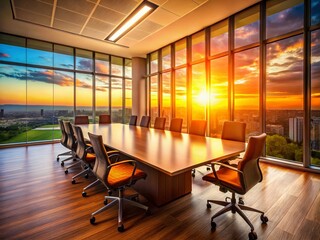 Modern Corporate Boardroom with Stunning Sunset View - Ideal for Business & Leadership Stock Photo