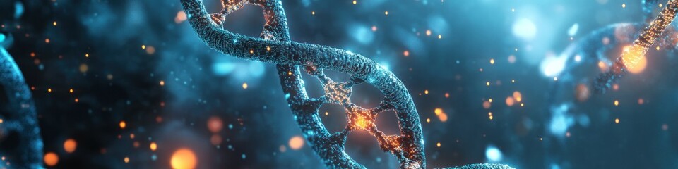A twisting DNA helix glowing with vibrant orange and blue lights, surrounded by a sparkling environment, symbolizing advancements in genetic engineering, molecular research, and bioinformatics
