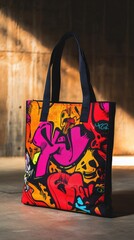 Eye-catching tote bag design for a streetwear brand, with bold graffiti-inspired graphics,