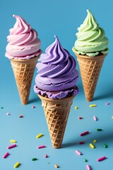 Delicious ice cream cones with a variety of colorful sprinkles