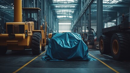 Large equipment covered by a blue tarp occupies the center of a spacious industrial warehouse, surrounded by heavy machinery like a forklift and front loader