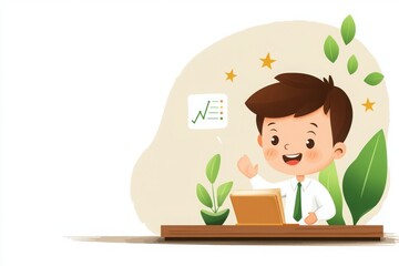 Cheerful cartoon character analyzing colorful data insights home office illustration bright environment creative perspective