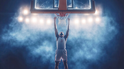 Basketball player dunking in a smoky arena during championship game