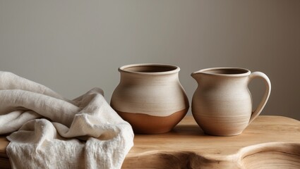Handcrafted Pottery Linen Fabric and Wooden Surface Still Life