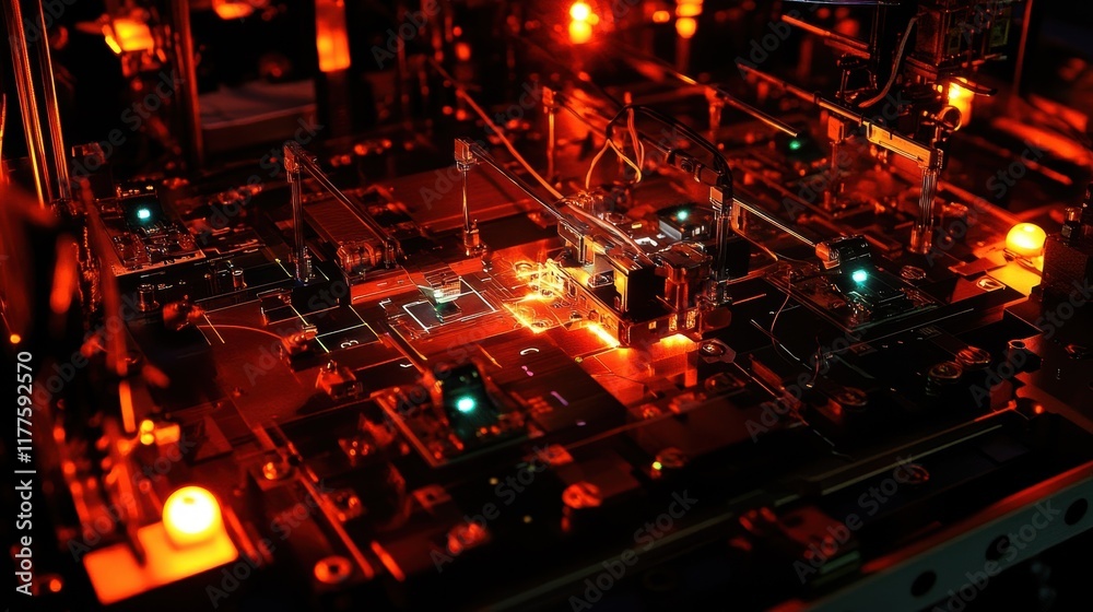 Poster working pick and place machine operates on a printed circuit board in a modern electronics factory, 
