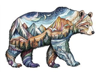 Obraz premium Colorful bear illustration with mountains and trees in vibrant design