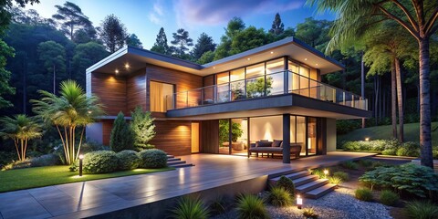 Obraz premium Modern Illuminated Night House in Serene Forest - Tranquil Nature Scene Stock Photo