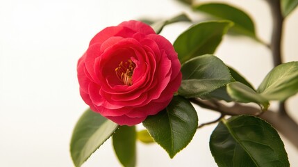 A stunning red rose with lush green leaves isolated on a simple white background, perfect for Valentine cards.