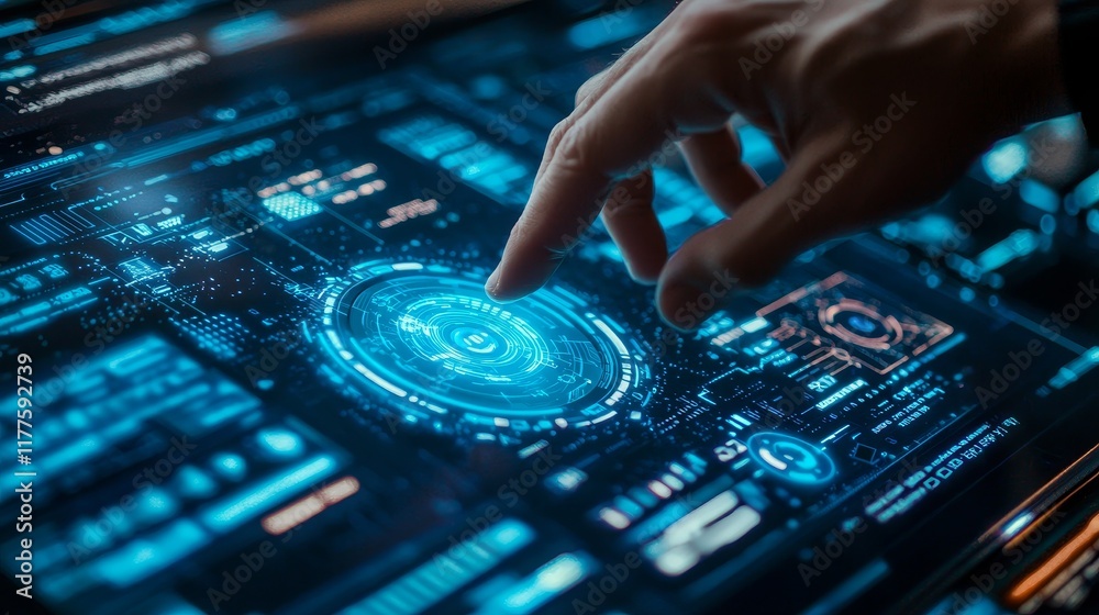 Poster a hand engaging with a digital hud interface in a futuristic setting, adorned with virtual computer 