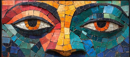 Colorful mosaic artwork depicting a face with two eyes, detailed with various shades of red, orange, yellow, green, and blue tiles.
