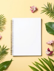 Blank Notebook Summer Scene - Tropical leaves, flowers, and a blank spiral notebook on a yellow background.  Symbolizes:  freshness, planning, nature, relaxation, creativity.