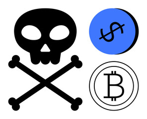 Skull and crossbones beside blue dollar sign and black Bitcoin sign. Ideal for financial risk, cyber threats, digital security, cryptocurrency dangers, economic warnings, fiscal awareness, online
