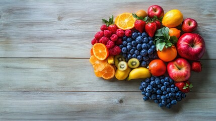 Artistic arrangement of a brain shape using fresh, healthy fruits on a wooden surface, symbolizing smart eating