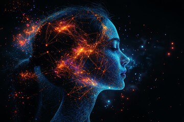 Human head with glowing neurons in the brain, symbolizing an esoteric and meditation concept, representing a connection to other worlds. Created with Stock