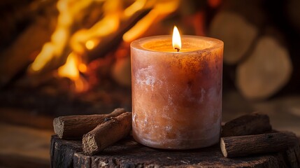 Fireplace candle with wood scent on bonefire background