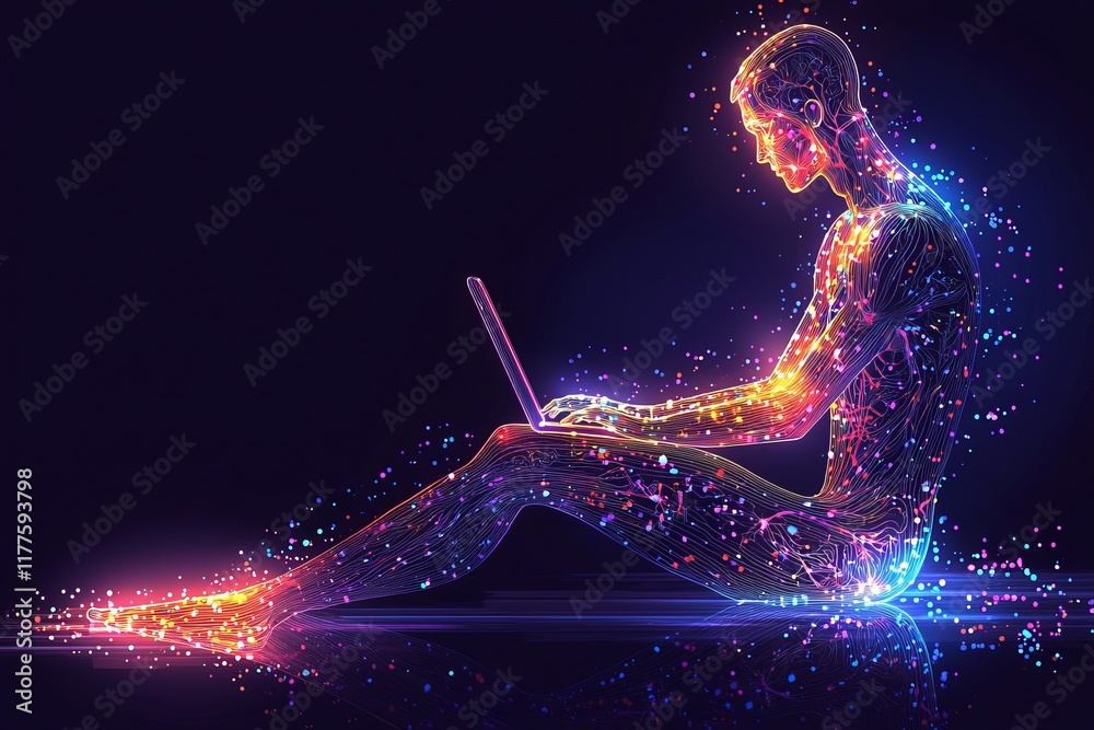 Poster in a setup blending digital software development and future technology, a man engages with a laptop 