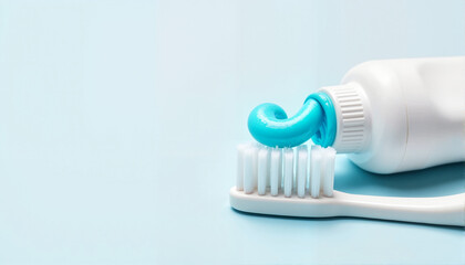 Toothbrush with blue toothpaste on light blue background, dental care, dentist day