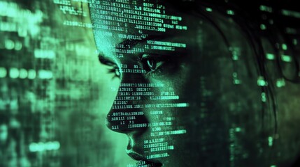 Binary code is projected on a woman's face, creating a futuristic concept of programming, artificial intelligence, and technological advancement
