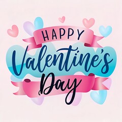 Happy Valentine's Day with pink and blue hearts and ribbons