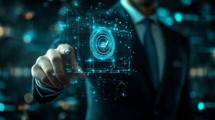 A business professional in a dark suit interacts with a glowing digital interface, showcasing data visualization and futuristic technology concepts in an innovative setting