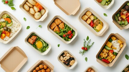 Assorted take-away boxes with visible fresh food contents, laid out in an organized fashion on white