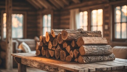 Neatly stacked firewood on rustic table in cozy cabin interior