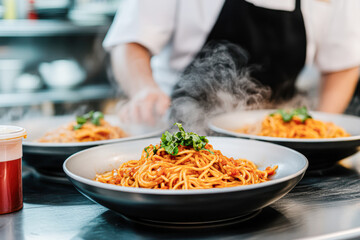 A chef is cooking pasta in a kitchen