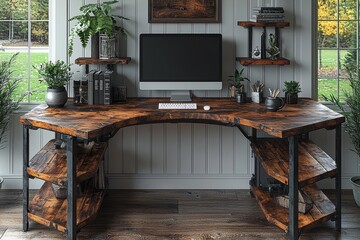 An industrial desk, featuring sleek metal legs and a spotless surface, crafted with generative AI