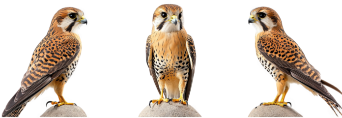 three views of a falcon perched on a stone. showcasing its distinctive plumage and sharp features the falcon is characterized by its brown and cream feathers. spotted underparts. and striking facial m
