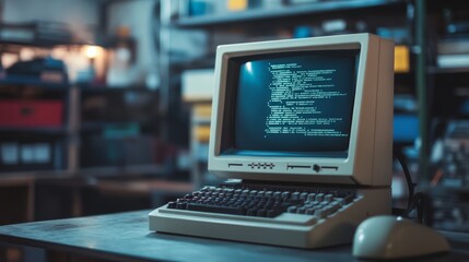 A vintage computer sits on a desk in a cluttered workshop, displaying lines of code on the screen. The ambient light creates a nostalgic atmosphere, highlighting nearby tools