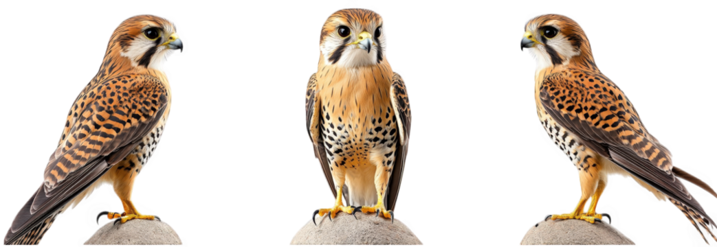 three views of a falcon perched on a stone. showcasing its distinctive plumage and sharp features the falcon is characterized by its brown and cream feathers. spotted underparts. and striking facial m