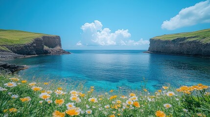 Tranquil coastal landscape with wildflowers and calm turquoise water.