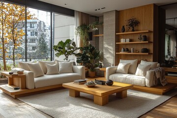 A living room that is sleek and uncluttered, featuring warm lighting and comfortable furniture, ideal for unwinding or hosting guests, designed using generative AI