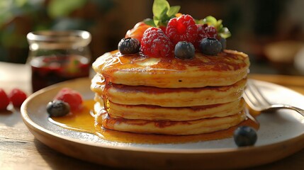Stack of golden pancakes drizzled with syrup and topped with fresh raspberries, blueberries, and strawberries on a sunny wooden table, perfect for breakfast and food inspiration