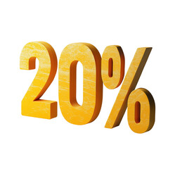 Yellow textured 20 percent sign transparent image. Sale percentage. Marketing promotion isolated cutout 3d render. Cashback. Mathematical symbol cut out clipart design element png