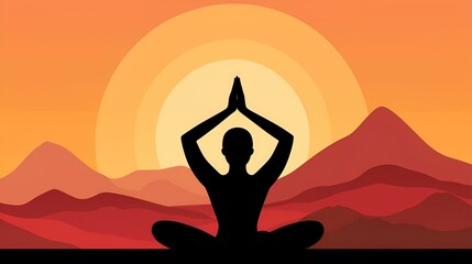 Mindful living self-care watercolor concept. Silhouette of a person meditating against a vibrant sunset backdrop with mountains.