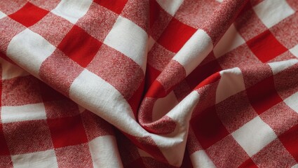 Red and white checkered tablecloth textile texture on a vibrant red background for backgrounds and design projects