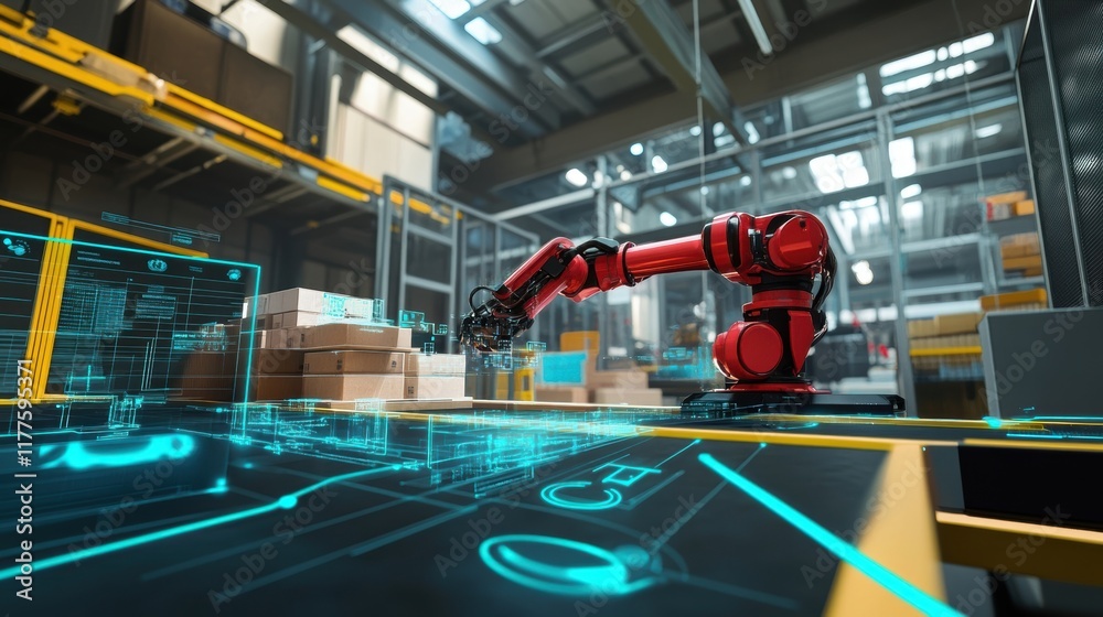 Poster smart factory using augmented reality interface and robotic arm managing cardboard boxes improving e