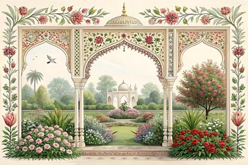 llustration of a traditional Mughal arch garden wedding invitation frame
