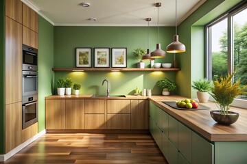 Fototapeta premium Modern Minimalist Green Kitchen Design with Framed Art