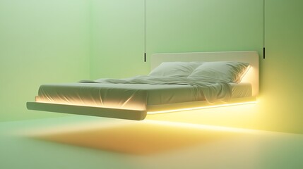 Floating modern design bed with built in LED lighting on light green background