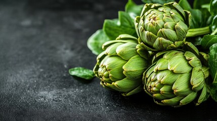 Obraz premium Artichoke closeup. Fresh raw organic green artichokes isolated on a black background. Vegetarian food. Raw vegetables at a market. Vegan background.