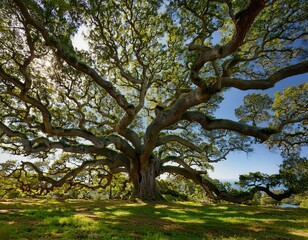 Obraz premium Panoramic view of the sprawling branches of the Angel Oak Tree, showcasing its majestic canopy and intricate, twisting limbs in serene nature