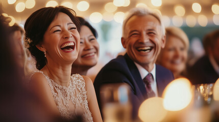 Wedding photographer capturing candid moments of guests laughing and celebrating during the reception 