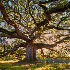Fototapeta premium Panoramic view of the sprawling branches of the Angel Oak Tree, showcasing its majestic canopy and intricate, twisting limbs in serene nature