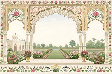 llustration of a traditional Mughal arch garden wedding invitation frame